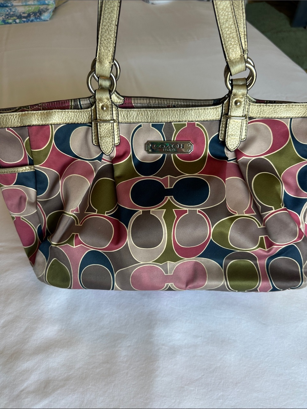 Coach Multicolor Signature Tote with Metallic Gold Trim